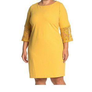 Sharagano 3/4 Lace Bell Sleeve Autumn Mustard Yellow Sheath Dress P4775